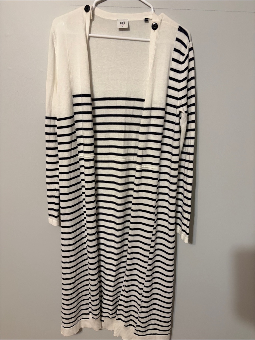 CAbi Navy & White Striped Long Open-Front duster Cardigan. Med. Cotton/rayon.